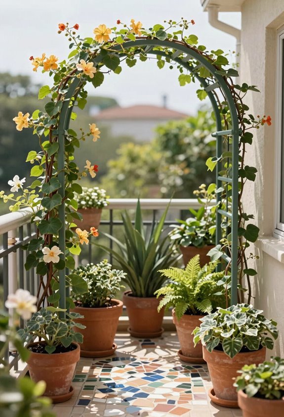 arched iron trellis flowering climbers