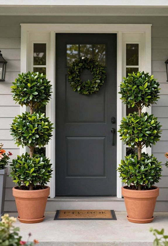 7 Front of House Planter Ideas for Instant Curb Appeal 3 boxwood topiaries flank entryway