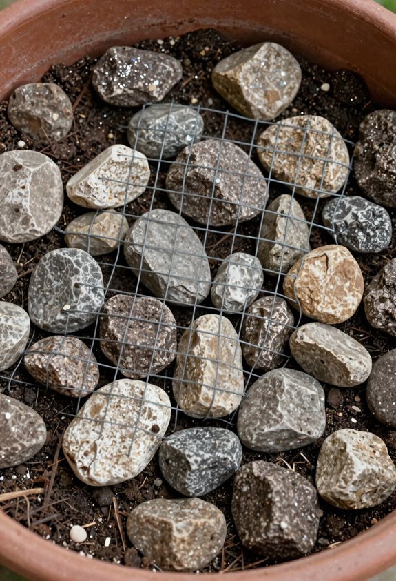 5 Ways to Stop Animals Digging in Plant Pots 2 cover soil with rocks and wire barriers
