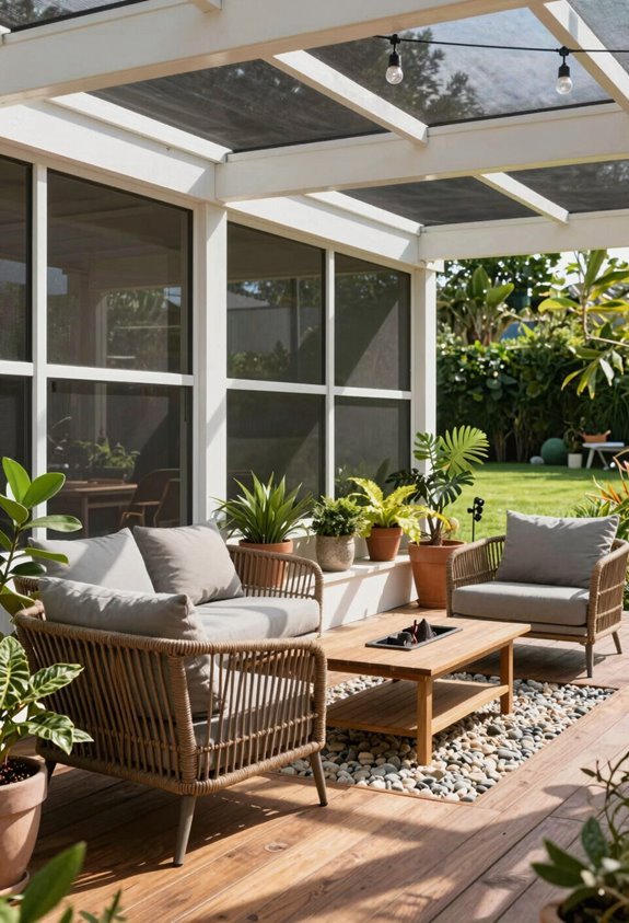 screened porch beneath deck extends home