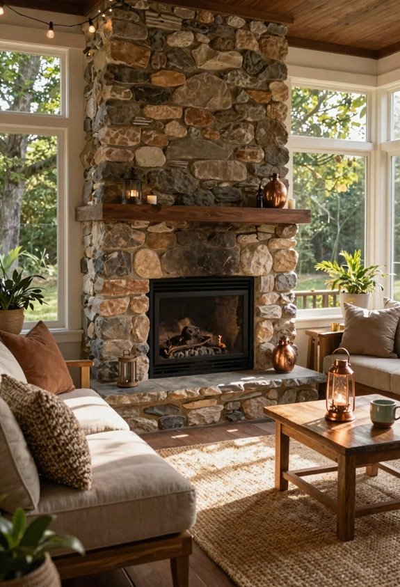stacked stone fireplace anchors porch