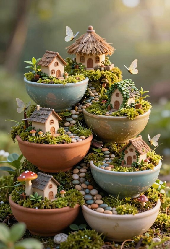 5 Creative Fairy Garden Container Ideas for Magical Miniature Worlds 3 tiered stacked fairy village planters