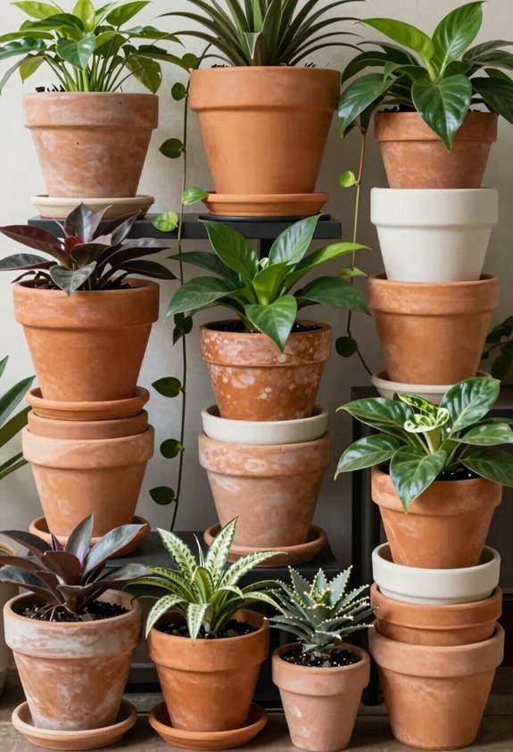 7 Flower Pot Decoration Ideas to Transform Your Plants 5 tiered stacked pot display with varied textures