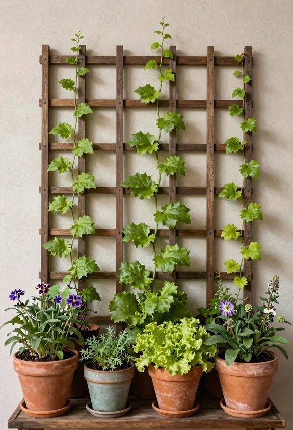 wall trellis uplifts potted plantings