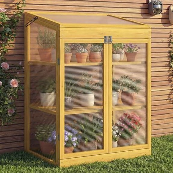 wooden mini greenhouse with flip top roof