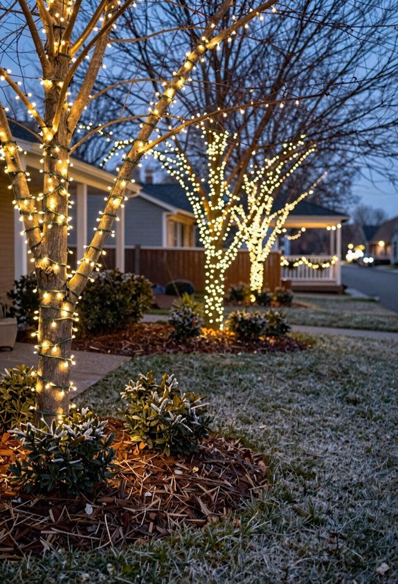 7 Outdoor Xmas Lighting Ideas to Transform Your Yard 3 wrapping trunks netting shrubs with lights